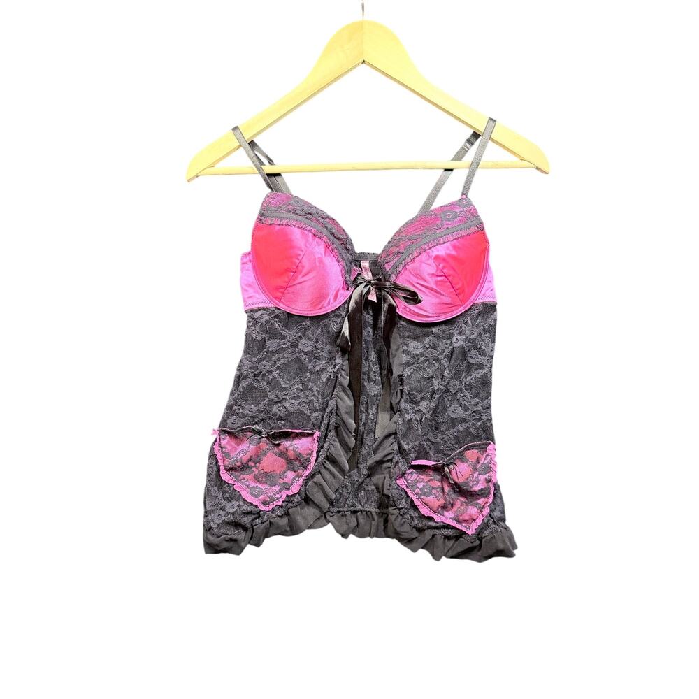Native Intimates black lace hot pink satin lingerie chemise tie front pocket 36C